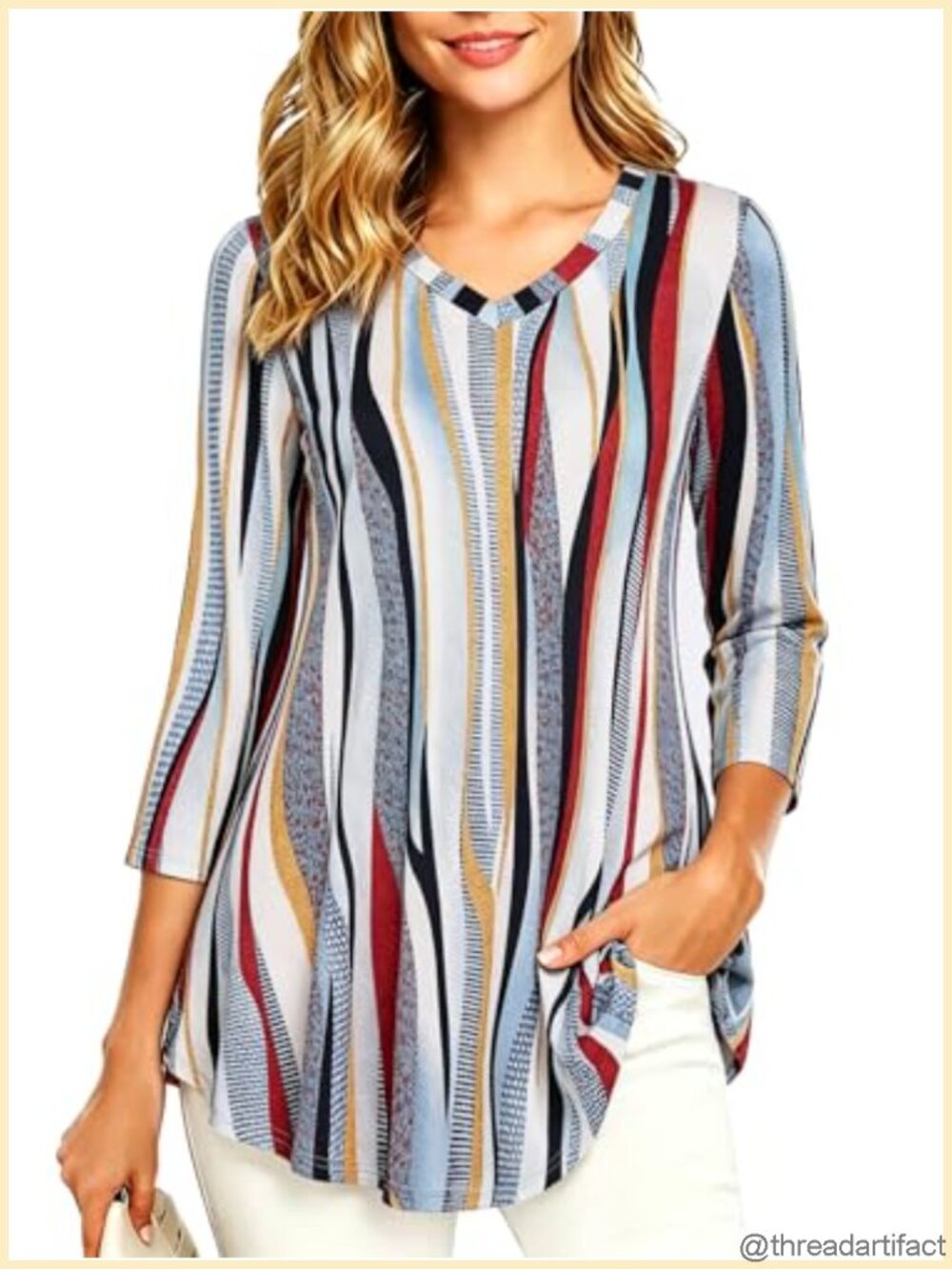 Women's V Neck 3/4 Sleeve Tunic Top Blouse Flowy A-Line Loose Fit